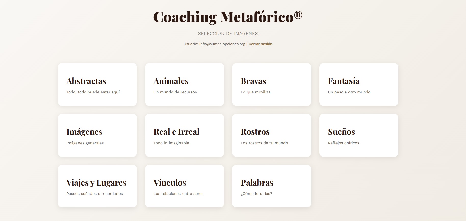 Nuevo Software de Coaching Metafórico on-line - Categorías de imágenes disponibles