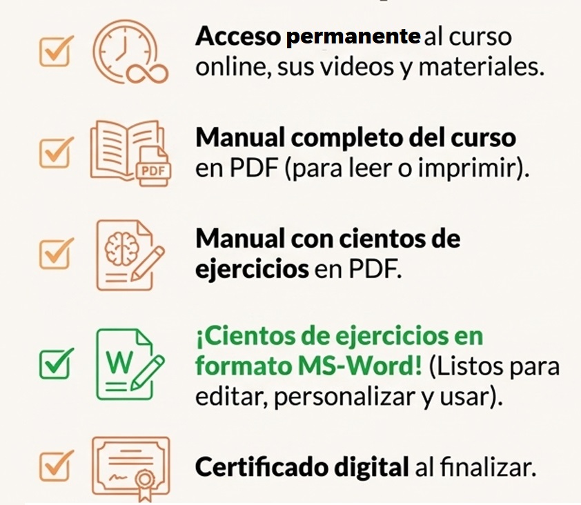 Kit del curso: Acceso permanente, Manual PDF, Ejercicios, Formato Word, Certificado