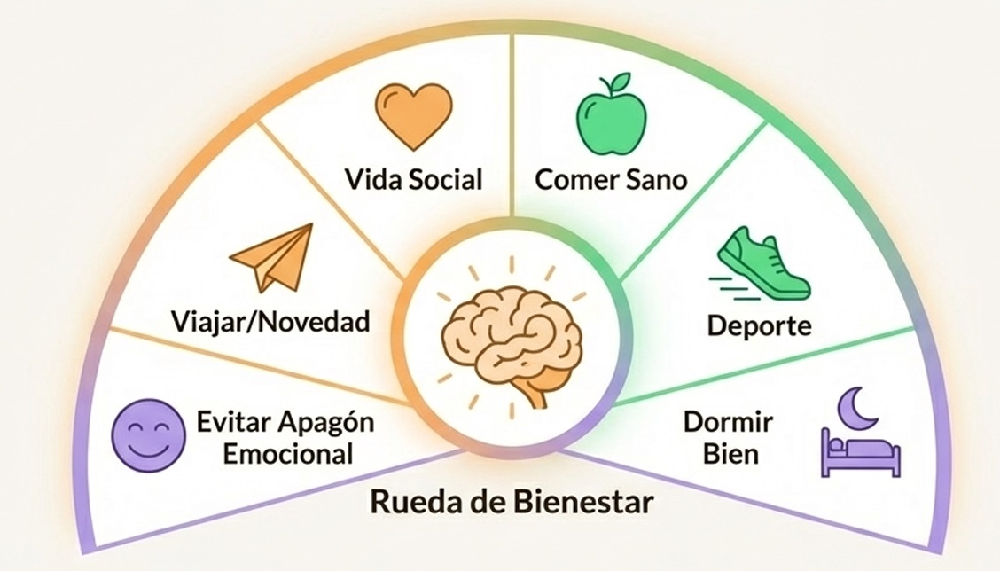Rueda de Bienestar: Vida Social, Comer Sano, Deporte, Dormir Bien, Viajar/Novedad, Evitar Apagón Emocional
